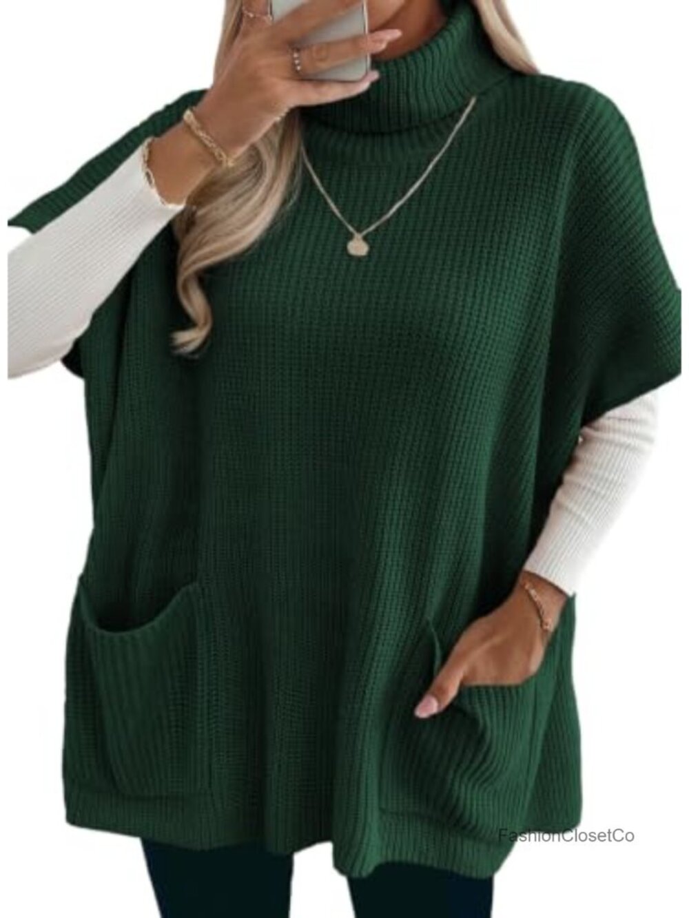 Women's Crochet Knit Sweater Vest Turtleneck Fall Tunic